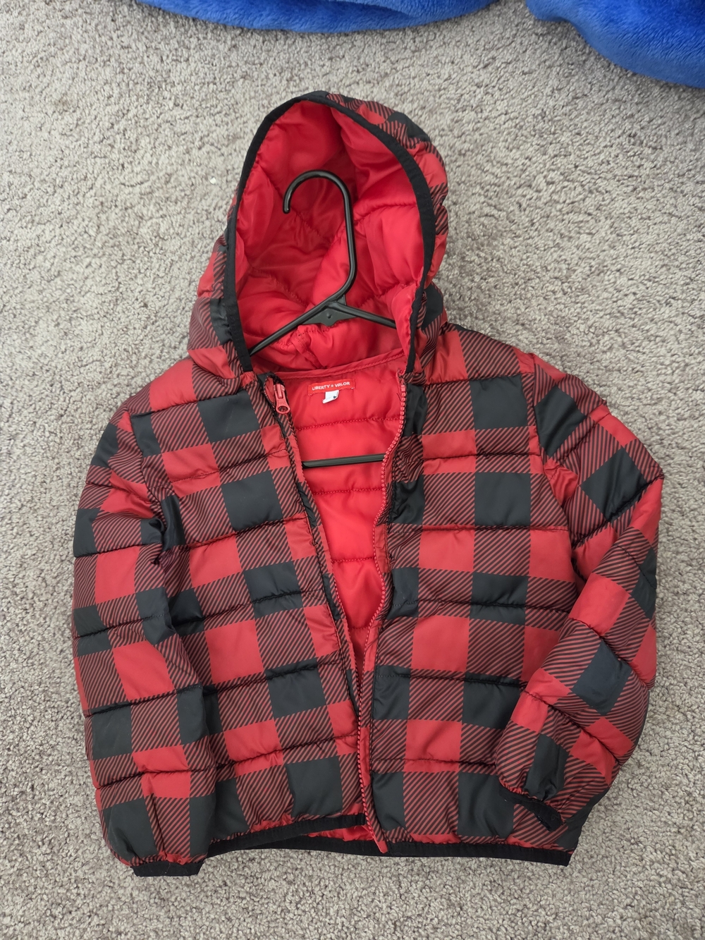 Kids Red & Black Plaid Hooded Puffer Jacket